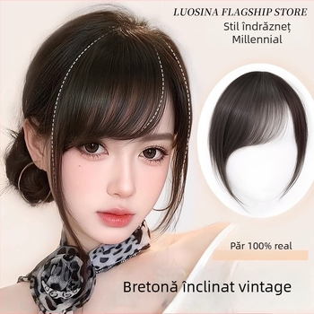 Perucă cu breton din păr real uman, breton oblic, partea superioară fără cusături, poate fi vopsită sau îngrijită