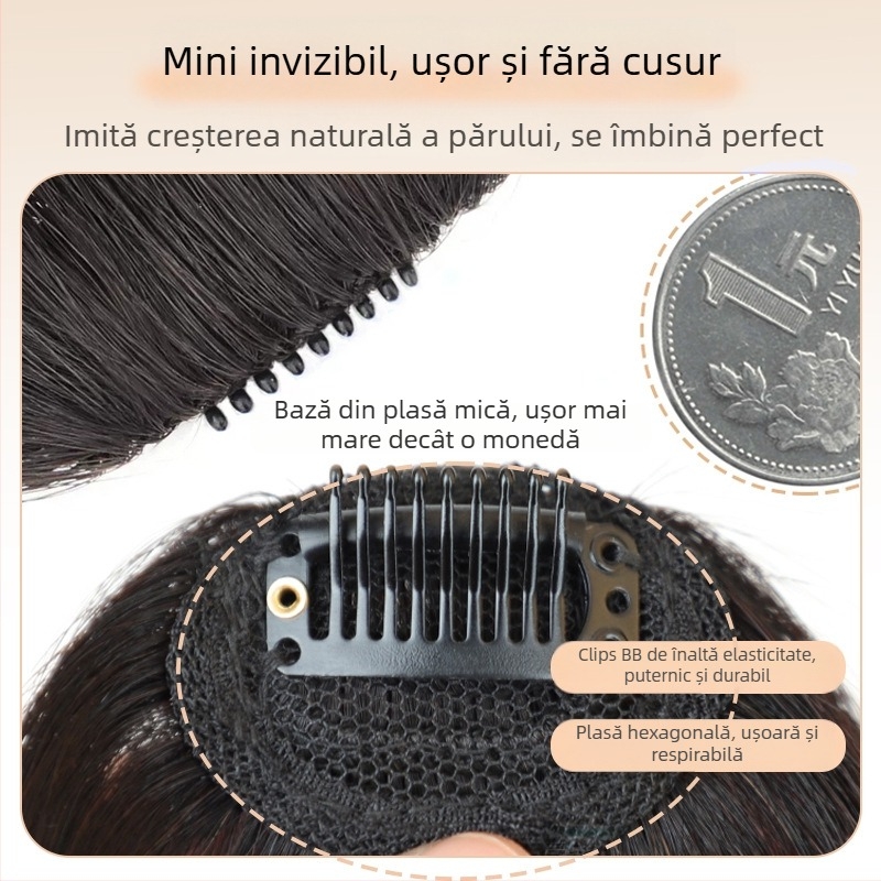 Perucă cu breton din păr real uman, breton oblic, partea superioară fără cusături, poate fi vopsită sau îngrijită