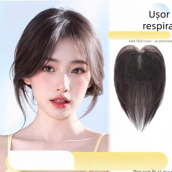 Piesă de păr din păr natural pentru femei, cu Velcro, bază din plasă ultra-subțire și respirabilă, textură pufoasă, pentru zona de vârf a capului, coroană înaltă