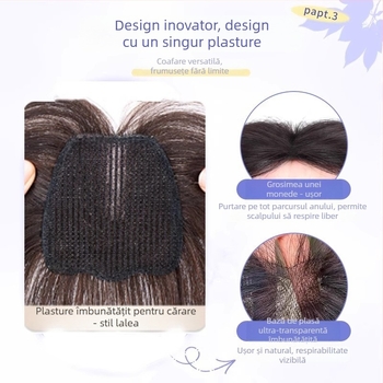 Piesă de păr din păr natural pentru femei, cu Velcro, bază din plasă ultra-subțire și respirabilă, textură pufoasă, pentru zona de vârf a capului, coroană înaltă