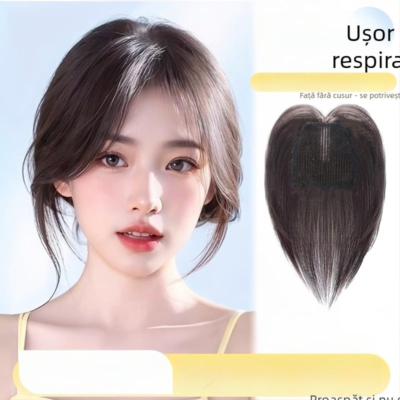 Piesă de păr din păr natural pentru femei, cu Velcro, bază din plasă ultra-subțire și respirabilă, textură pufoasă, pentru zona de vârf a capului, coroană înaltă