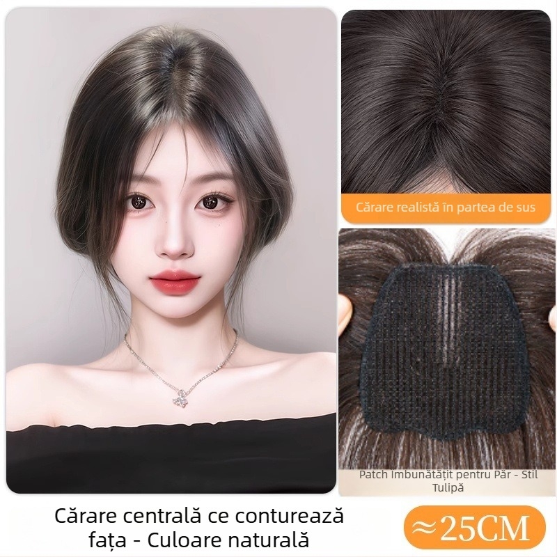 Piesă de păr din păr natural pentru femei, cu Velcro, bază din plasă ultra-subțire și respirabilă, textură pufoasă, pentru zona de vârf a capului, coroană înaltă
