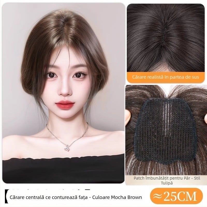 Piesă de păr din păr natural pentru femei, cu Velcro, bază din plasă ultra-subțire și respirabilă, textură pufoasă, pentru zona de vârf a capului, coroană înaltă