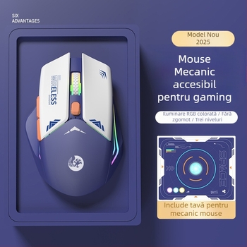 Mouse de gaming mecanic cu 6 butoane, senzor optic 1600 DPI, dual mod 2.4G/Bluetooth, fără zgomot și reîncărcabil, design ergonomic
