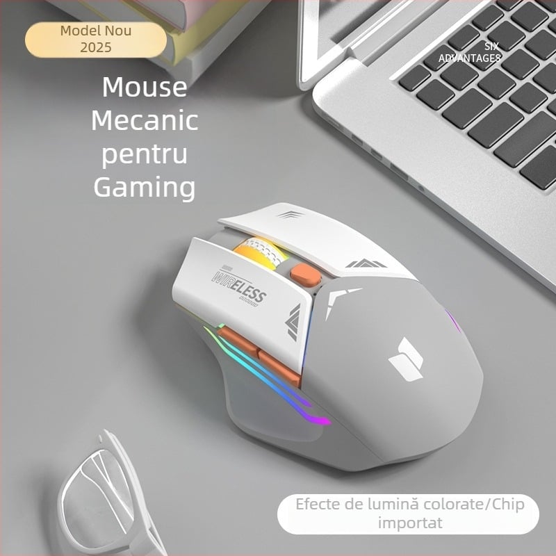 Mouse de gaming mecanic cu 6 butoane, senzor optic 1600 DPI, dual mod 2.4G/Bluetooth, fără zgomot și reîncărcabil, design ergonomic