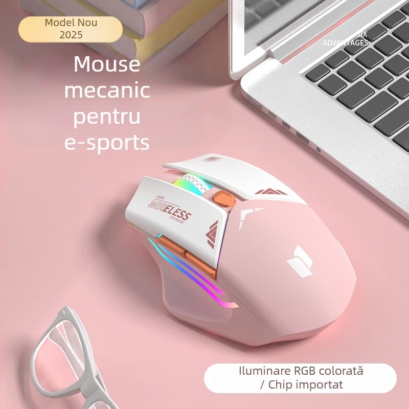 Mouse de gaming mecanic cu 6 butoane, senzor optic 1600 DPI, dual mod 2.4G/Bluetooth, fără zgomot și reîncărcabil, design ergonomic