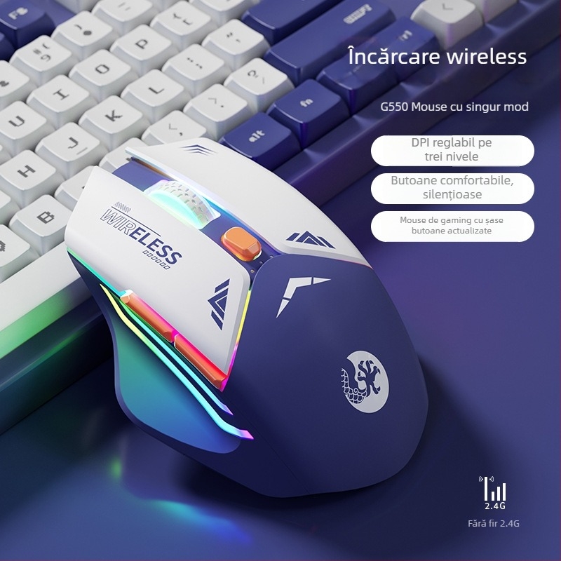 Mouse de gaming mecanic cu 6 butoane, senzor optic 1600 DPI, dual mod 2.4G/Bluetooth, fără zgomot și reîncărcabil, design ergonomic