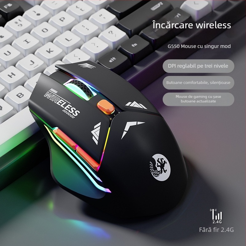 Mouse de gaming mecanic cu 6 butoane, senzor optic 1600 DPI, dual mod 2.4G/Bluetooth, fără zgomot și reîncărcabil, design ergonomic