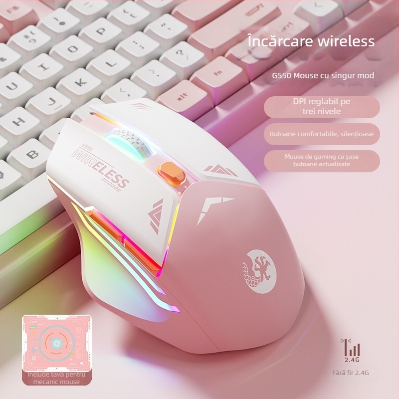 Mouse de gaming mecanic cu 6 butoane, senzor optic 1600 DPI, dual mod 2.4G/Bluetooth, fără zgomot și reîncărcabil, design ergonomic