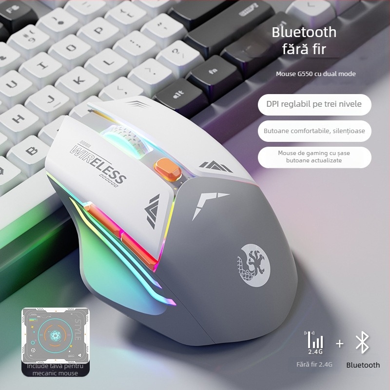 Mouse de gaming mecanic cu 6 butoane, senzor optic 1600 DPI, dual mod 2.4G/Bluetooth, fără zgomot și reîncărcabil, design ergonomic