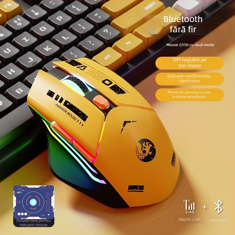 Mouse de gaming mecanic cu 6 butoane, senzor optic 1600 DPI, dual mod 2.4G/Bluetooth, fără zgomot și reîncărcabil, design ergonomic
