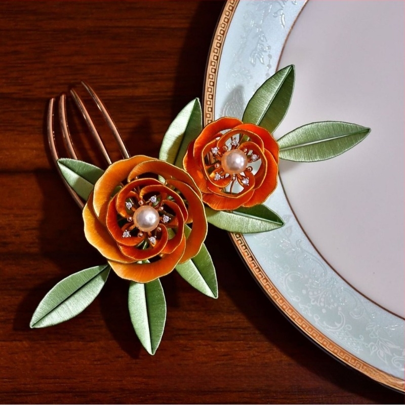 Agrafă de păr din aliaj – accesoriu floral lucrat manual, stil Han antic, unisex, origine: districtul Shilong, Pingdingshan, Henan, iarna 2024