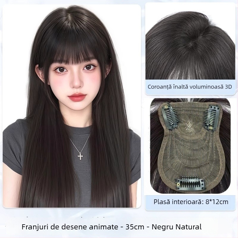 Perucă pentru femei cu breton Qi, în stil de desene animate, cu coroană înaltă, păr sintetic rezistent la temperaturi, construcție mecanică, necolorabilă