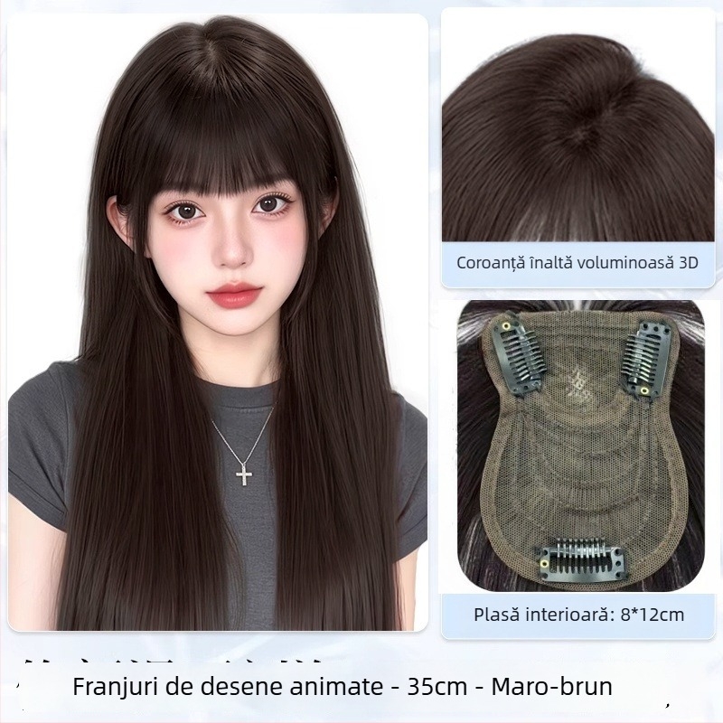 Perucă pentru femei cu breton Qi, în stil de desene animate, cu coroană înaltă, păr sintetic rezistent la temperaturi, construcție mecanică, necolorabilă