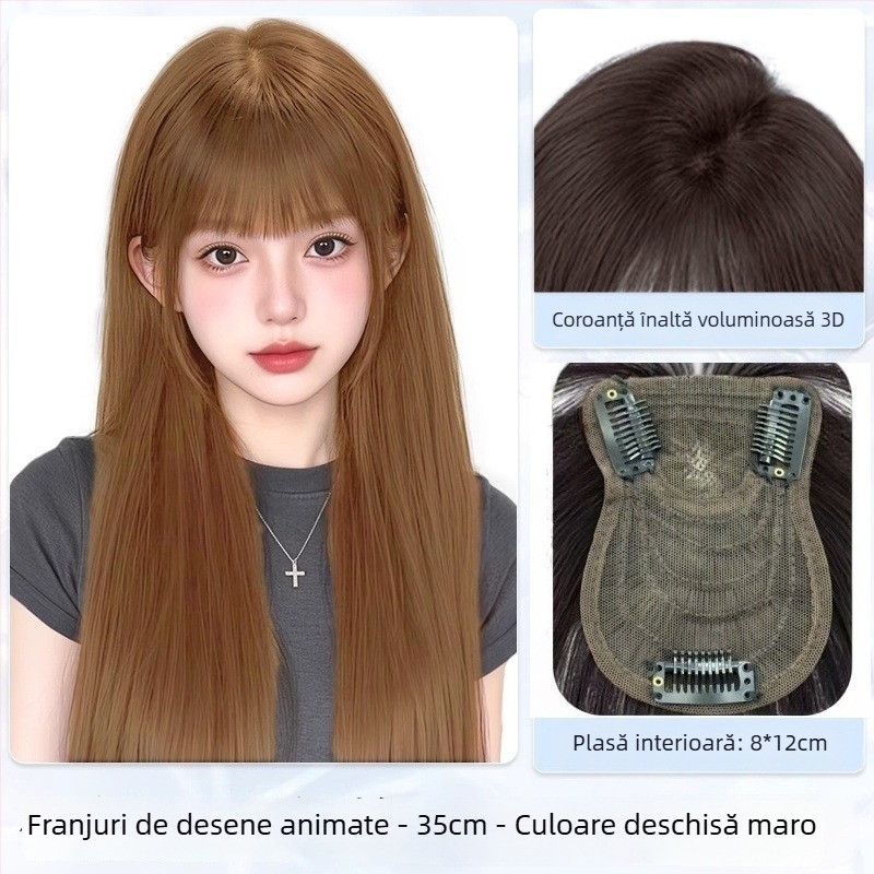 Perucă pentru femei cu breton Qi, în stil de desene animate, cu coroană înaltă, păr sintetic rezistent la temperaturi, construcție mecanică, necolorabilă