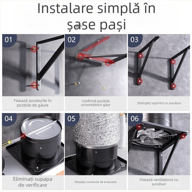 Ventilator de evacuare pentru bucătărie (Model FD-150; montaj: fixare cu braț triunghiular; Putere: 50–120 W; Tensiune: 220 V; Comandă: mecanică)
