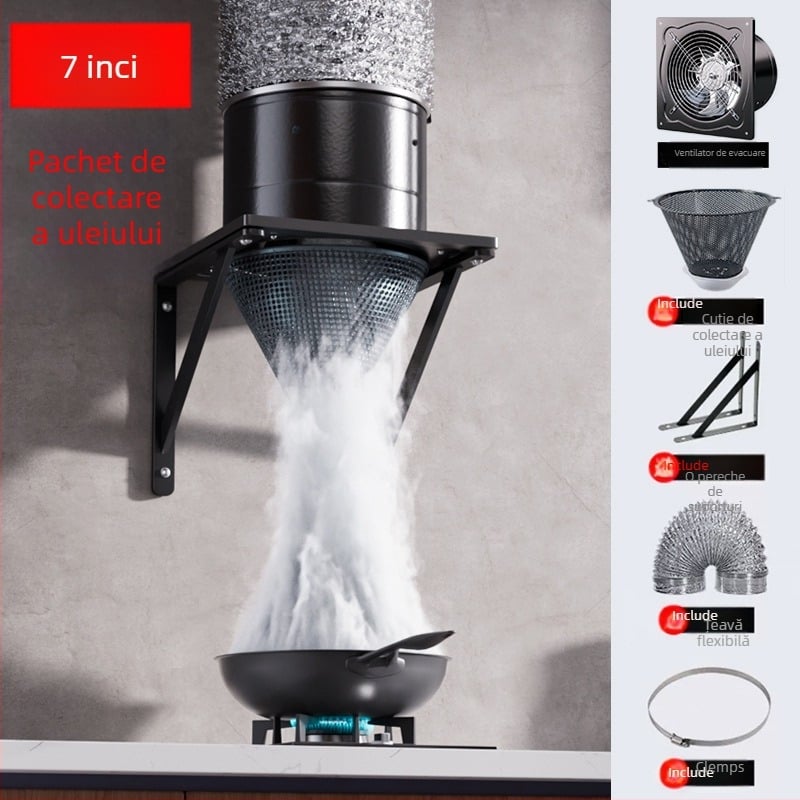 Ventilator de evacuare pentru bucătărie (Model FD-150; montaj: fixare cu braț triunghiular; Putere: 50–120 W; Tensiune: 220 V; Comandă: mecanică)