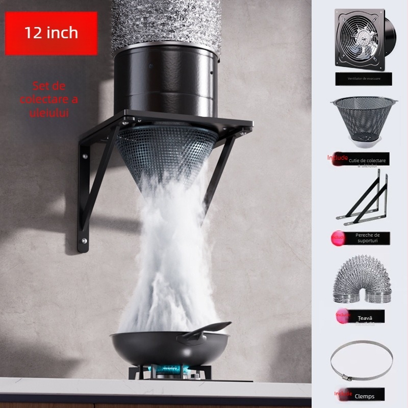 Ventilator de evacuare pentru bucătărie (Model FD-150; montaj: fixare cu braț triunghiular; Putere: 50–120 W; Tensiune: 220 V; Comandă: mecanică)