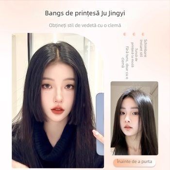 Perucă cu breton în stil princess cut, pentru femei, linie naturală a frunții și piesă de înlocuire a părului în zona creștetului, despicare în mijloc, fibre rezistente la căldură, ușor de purtat