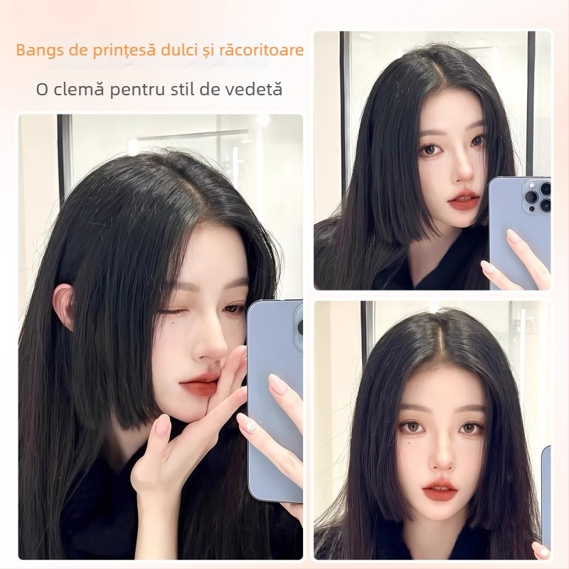 Perucă cu breton în stil princess cut, pentru femei, linie naturală a frunții și piesă de înlocuire a părului în zona creștetului, despicare în mijloc, fibre rezistente la căldură, ușor de purtat