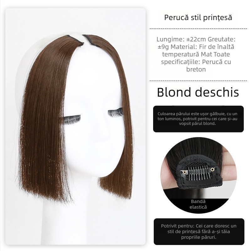 Perucă cu breton în stil princess cut, pentru femei, linie naturală a frunții și piesă de înlocuire a părului în zona creștetului, despicare în mijloc, fibre rezistente la căldură, ușor de purtat