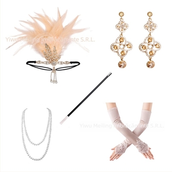 Bandă pentru cap cu pene de paun în stil vintage 1920 – include colier și mănuși (Origine: Jinhua; Primăvara 2021; Ambalare individuală)