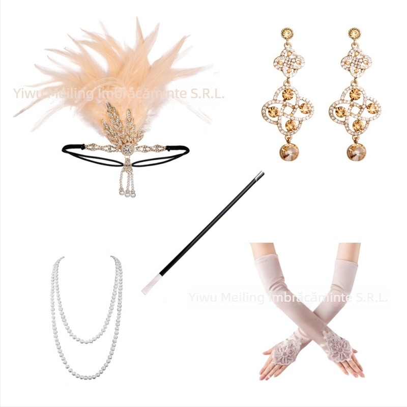 Bandă pentru cap cu pene de paun în stil vintage 1920 – include colier și mănuși (Origine: Jinhua; Primăvara 2021; Ambalare individuală)
