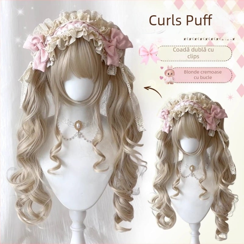 Feiqi TD-627 Perucă lungă buclată pentru femei, cu breton drept, realizată pe mașină, din mătase rezistentă la temperaturi înalte, nu poate fi vopsită sau tratată prin permanent