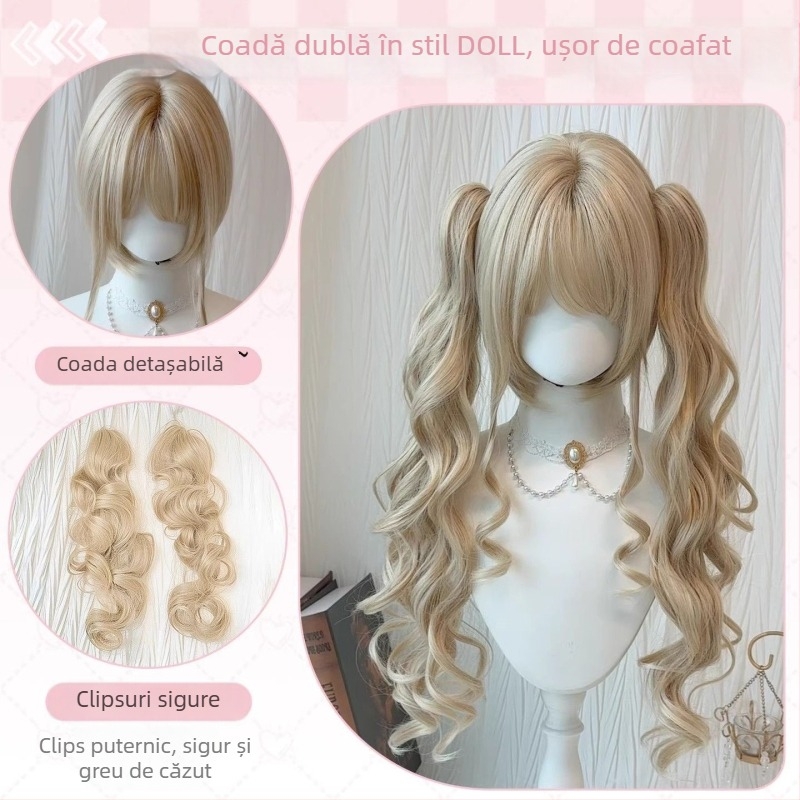 Feiqi TD-627 Perucă lungă buclată pentru femei, cu breton drept, realizată pe mașină, din mătase rezistentă la temperaturi înalte, nu poate fi vopsită sau tratată prin permanent