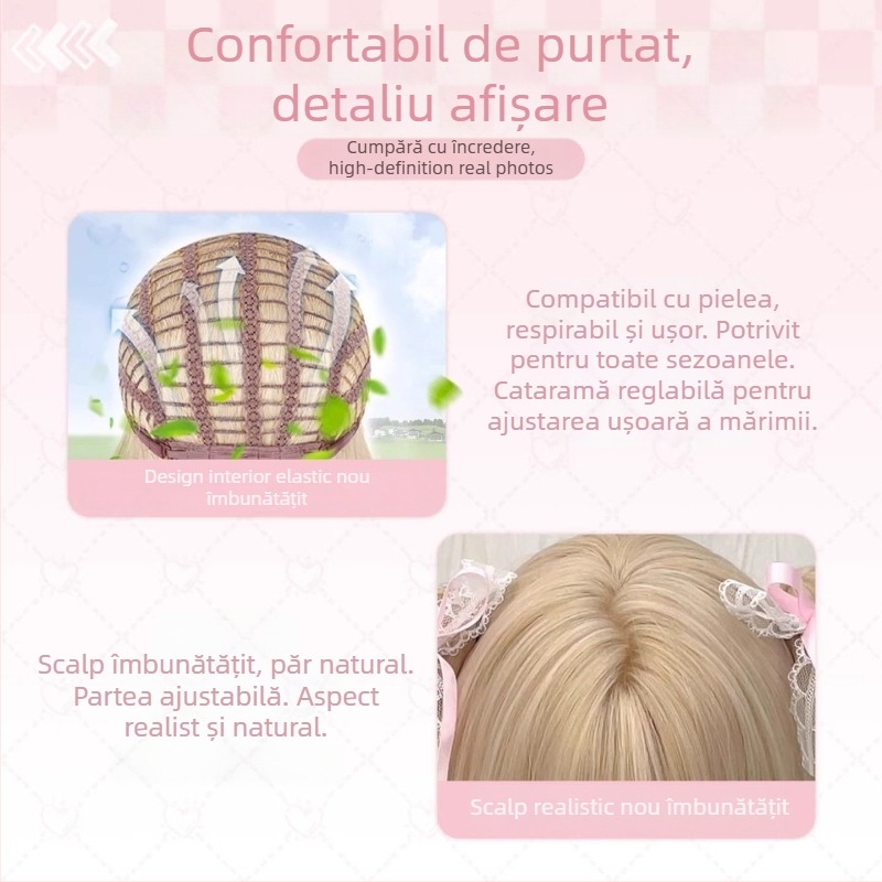 Feiqi TD-627 Perucă lungă buclată pentru femei, cu breton drept, realizată pe mașină, din mătase rezistentă la temperaturi înalte, nu poate fi vopsită sau tratată prin permanent