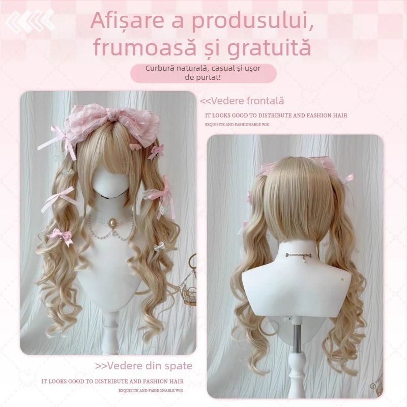 Feiqi TD-627 Perucă lungă buclată pentru femei, cu breton drept, realizată pe mașină, din mătase rezistentă la temperaturi înalte, nu poate fi vopsită sau tratată prin permanent