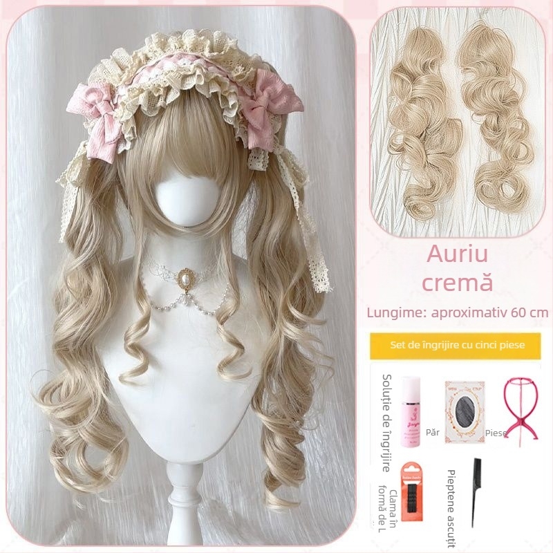 Feiqi TD-627 Perucă lungă buclată pentru femei, cu breton drept, realizată pe mașină, din mătase rezistentă la temperaturi înalte, nu poate fi vopsită sau tratată prin permanent