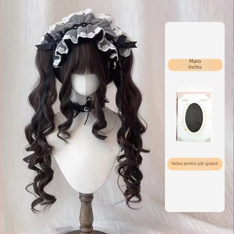 Feiqi TD-627 Perucă lungă buclată pentru femei, cu breton drept, realizată pe mașină, din mătase rezistentă la temperaturi înalte, nu poate fi vopsită sau tratată prin permanent