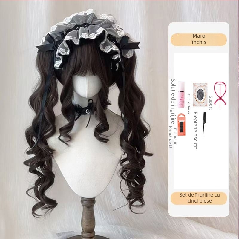 Feiqi TD-627 Perucă lungă buclată pentru femei, cu breton drept, realizată pe mașină, din mătase rezistentă la temperaturi înalte, nu poate fi vopsită sau tratată prin permanent