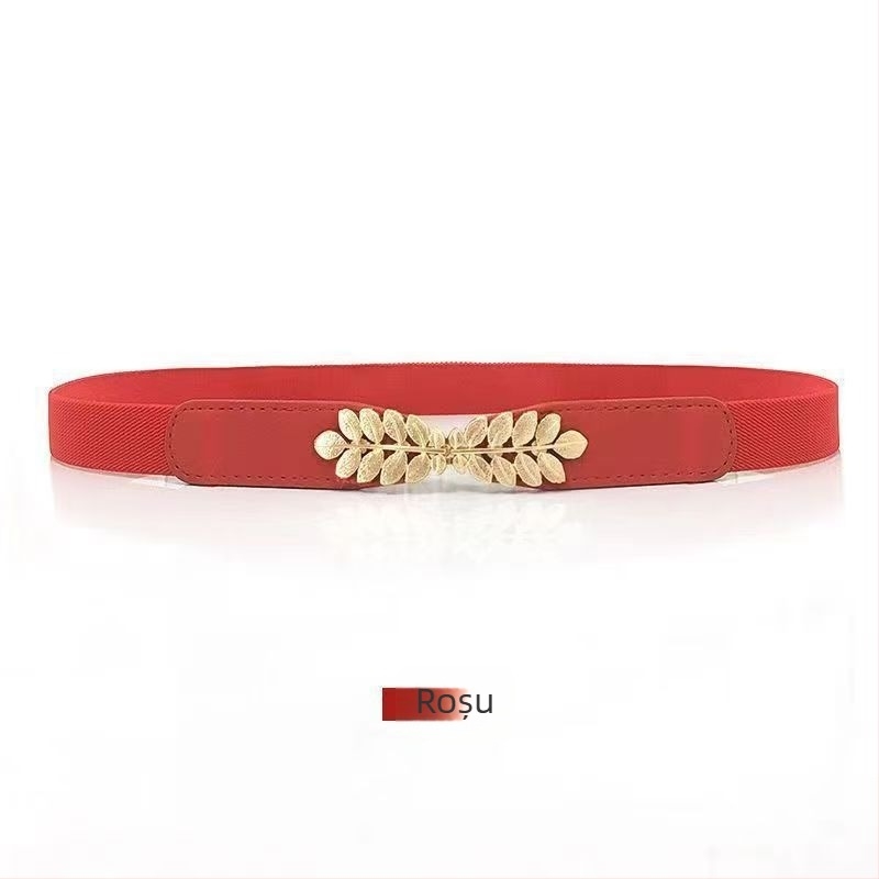 Curea de talie pentru rochie, cataramă în formă de frunză, talie elastică, PU piele, cataramă din aliaj, închidere cu cataramă, lățime 2–4 cm, prelucrare: piele-plastic