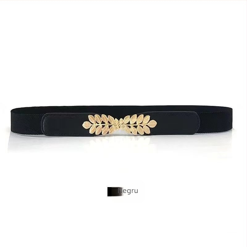 Curea de talie pentru rochie, cataramă în formă de frunză, talie elastică, PU piele, cataramă din aliaj, închidere cu cataramă, lățime 2–4 cm, prelucrare: piele-plastic