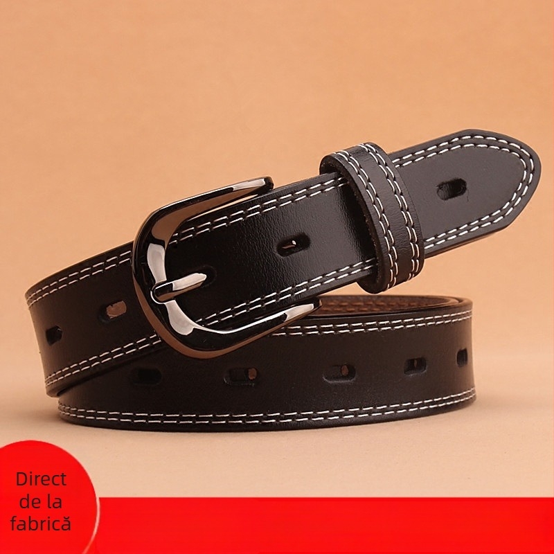 Curea din PU pentru femei cu cataramă cu pin, stil coreean, design minimalist și universal, decor perforat, lățime 2–4 cm, potrivită pentru jeanși