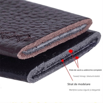 Curea din piele naturală, dublă față, strat superior de piele de bovină, cataramă cu pin, lățime 2–4 cm, realizată manual, stil minimalist și elegant pentru birou