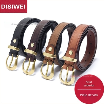 Curea de damă din piele naturală, piele de vițel de primă calitate, cataramă cu știft din cupru, stil retro