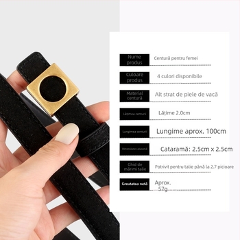 Curea de dama din piele naturală cu textură velur, cataramă pătrată din aliaj, închidere cu clips, lățime 2–4 cm