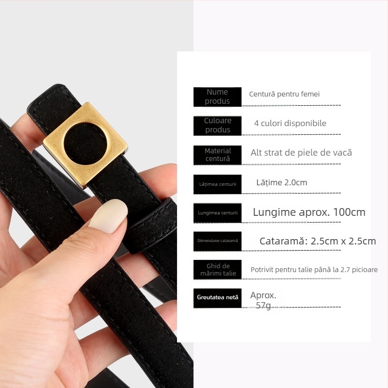 Curea de dama din piele naturală cu textură velur, cataramă pătrată din aliaj, închidere cu clips, lățime 2–4 cm