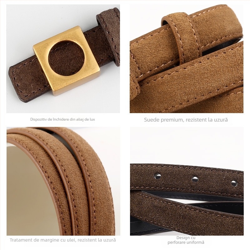Curea de dama din piele naturală cu textură velur, cataramă pătrată din aliaj, închidere cu clips, lățime 2–4 cm