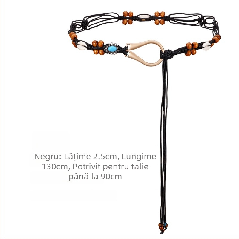 Curea de talie împletată boemă - bumbac și in, cataramă din aliaj, închidere cu știft, lățime 2-4 cm
