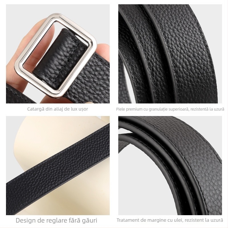 R&W curea nouă fără găuri pentru femei, minimalistă, din piele de calitate superioară, textură lychee, cataramă pătrată