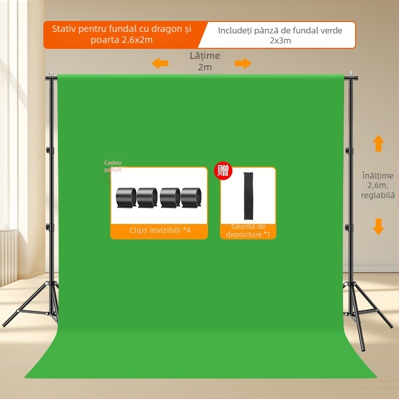 Fundal verde telescopic portabil pentru fotografie în studio, cu braț de ridicare
