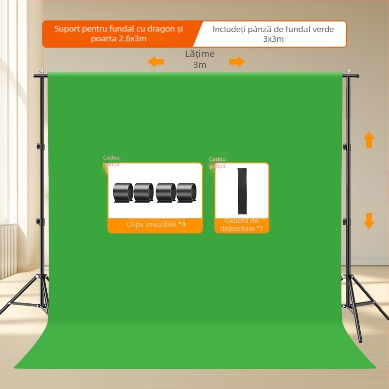 Fundal verde telescopic portabil pentru fotografie în studio, cu braț de ridicare