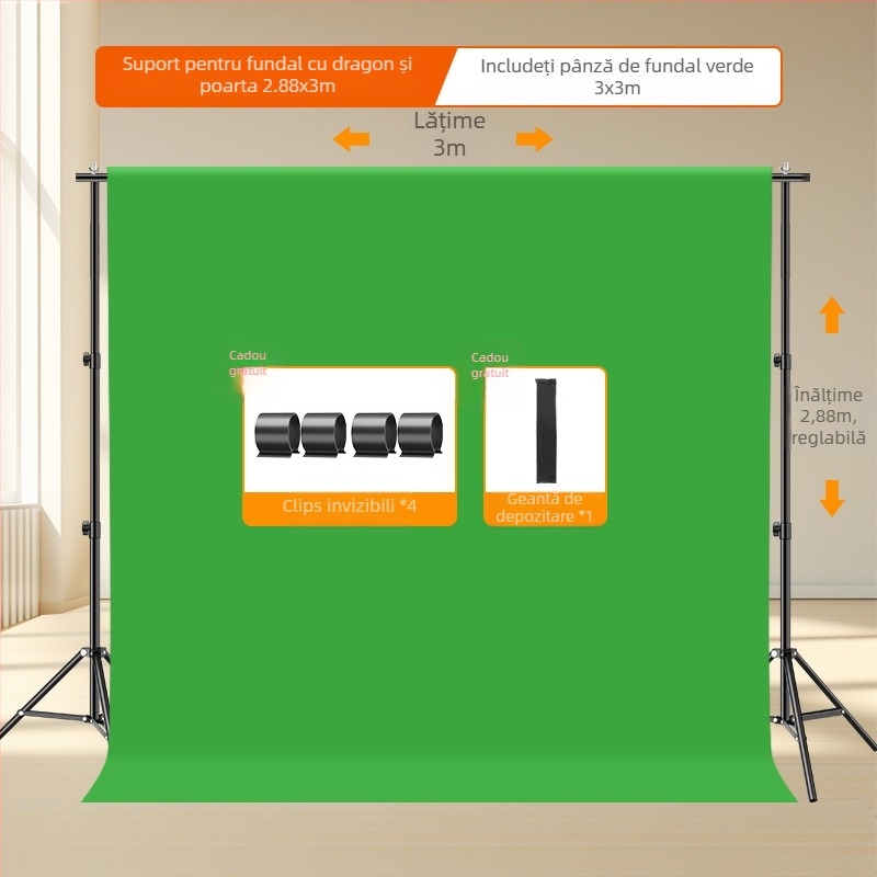 Fundal verde telescopic portabil pentru fotografie în studio, cu braț de ridicare