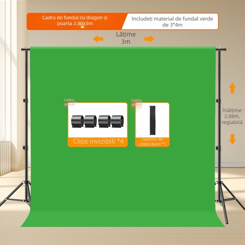 Fundal verde telescopic portabil pentru fotografie în studio, cu braț de ridicare