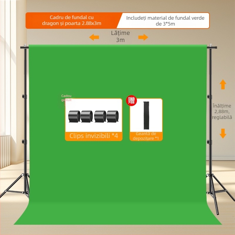 Fundal verde telescopic portabil pentru fotografie în studio, cu braț de ridicare