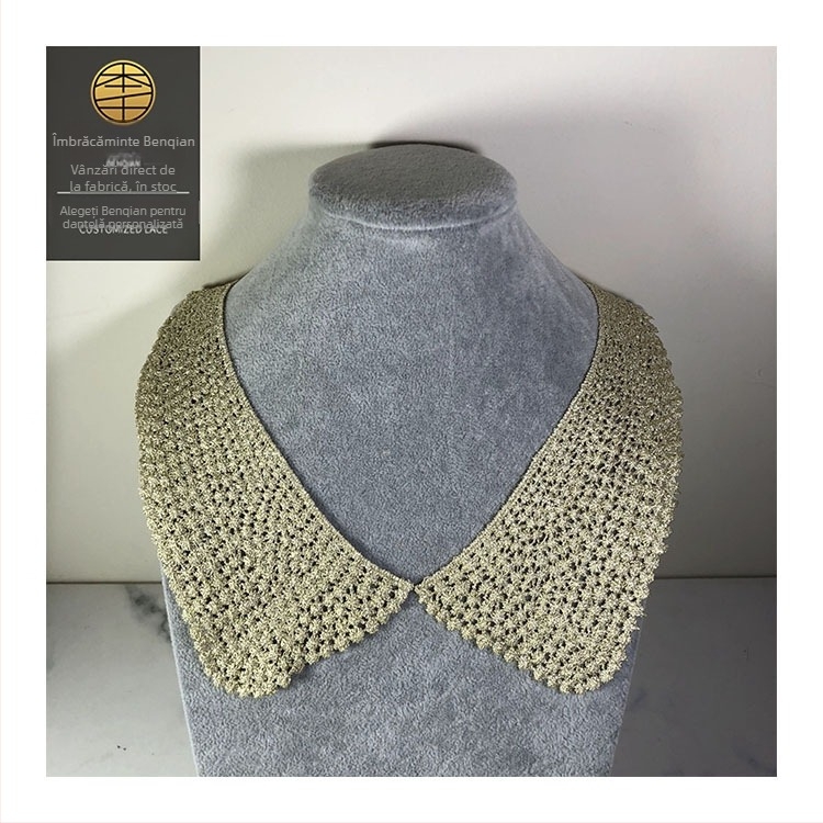 Floare solubilă în apă pentru guler — accesoriu dantelat din sârmă aurie și argintie pentru lenjerie (Benqian Clothing)